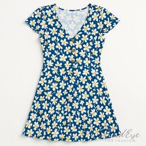 Vibrant Fortune + Ivy Blue Floral V-Neck Fit & Flare Dress | Cottagecore